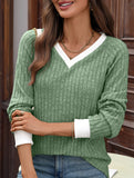 Contrast color V-neck loose long-sleeved T-shirt top
