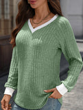 Contrast color V-neck loose long-sleeved T-shirt top