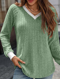 Contrast color V-neck loose long-sleeved T-shirt top