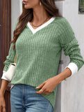 Contrast color V-neck loose long-sleeved T-shirt top