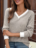 Contrast color V-neck loose long-sleeved T-shirt top