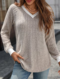 Contrast color V-neck loose long-sleeved T-shirt top