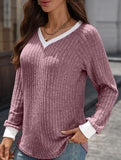 Contrast color V-neck loose long-sleeved T-shirt top