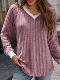 Contrast color V-neck loose long-sleeved T-shirt top
