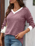 Contrast color V-neck loose long-sleeved T-shirt top