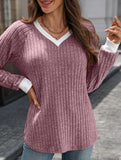 Contrast color V-neck loose long-sleeved T-shirt top