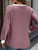 Contrast color V-neck loose long-sleeved T-shirt top