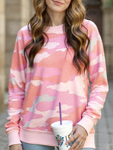 camouflage print crew neck long-sleeved top