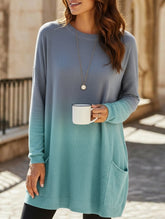Gradient Color Long Sleeve Casual Pocket T-Shirt Top