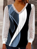 V-neck loose printed hollow lace top
