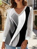 V-neck loose printed hollow lace top