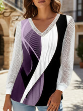 V-neck loose printed hollow lace top