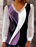 V-neck loose printed hollow lace top