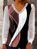 V-neck loose printed hollow lace top
