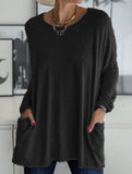 Round neck loose pocket solid color T-shirt