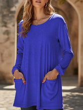 Round neck loose pocket solid color T-shirt