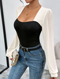 Paneled knitted long-sleeved slim-fit bodysuit