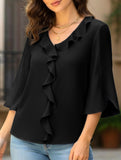 Loose commuter V-neck ruffled shirt