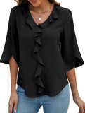 Loose commuter V-neck ruffled shirt