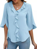 Loose commuter V-neck ruffled shirt