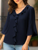 Loose commuter V-neck ruffled shirt