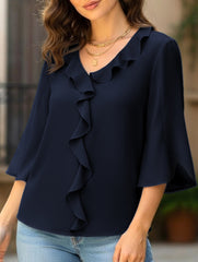 Loose commuter V-neck ruffled shirt
