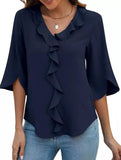 Loose commuter V-neck ruffled shirt