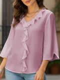 Loose commuter V-neck ruffled shirt