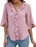 Loose commuter V-neck ruffled shirt