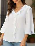 Loose commuter V-neck ruffled shirt