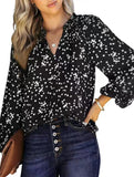 V-neck long-sleeved polka dot print pleated shirt