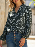V-neck long-sleeved polka dot print pleated shirt