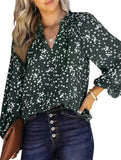 V-neck long-sleeved polka dot print pleated shirt
