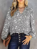 V-neck long-sleeved polka dot print pleated shirt