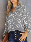 V-neck long-sleeved polka dot print pleated shirt