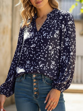 V-neck long-sleeved polka dot print pleated shirt