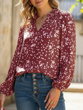 V-neck long-sleeved polka dot print pleated shirt