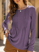 Striped solid color round neck long sleeve T-shirt