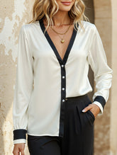 Pearl button deep V-neck single-breasted shirt