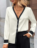 Pearl button deep V-neck single-breasted shirt