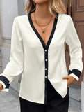Pearl button deep V-neck single-breasted shirt
