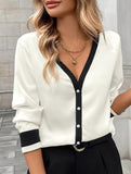 Pearl button deep V-neck single-breasted shirt