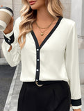 Pearl button deep V-neck single-breasted shirt