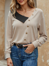 Simple colorblock v-neck long-sleeved shirt