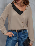 Simple colorblock v-neck long-sleeved shirt