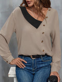 Simple colorblock v-neck long-sleeved shirt