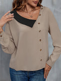 Simple colorblock v-neck long-sleeved shirt