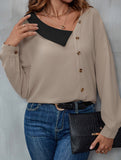 Simple colorblock v-neck long-sleeved shirt