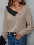 Simple colorblock v-neck long-sleeved shirt