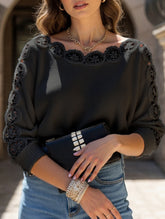 Boat neck lace paneled sleeves knitted top